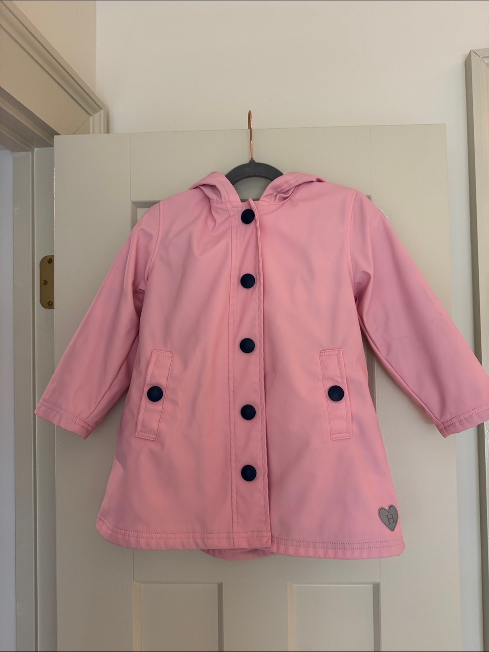 Hatley Pink Hooded Raincoat with Navy Buttons